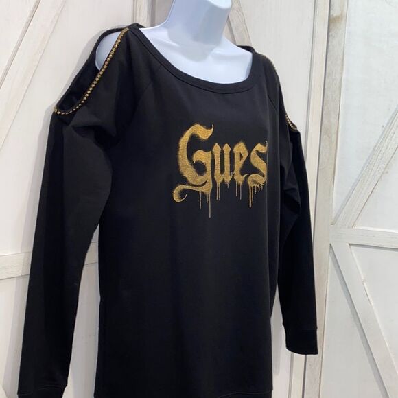 Guess Studded Cold Shoulder Logo Sweatshirt In Black & Gold Size Medium - Picture 1 of 11